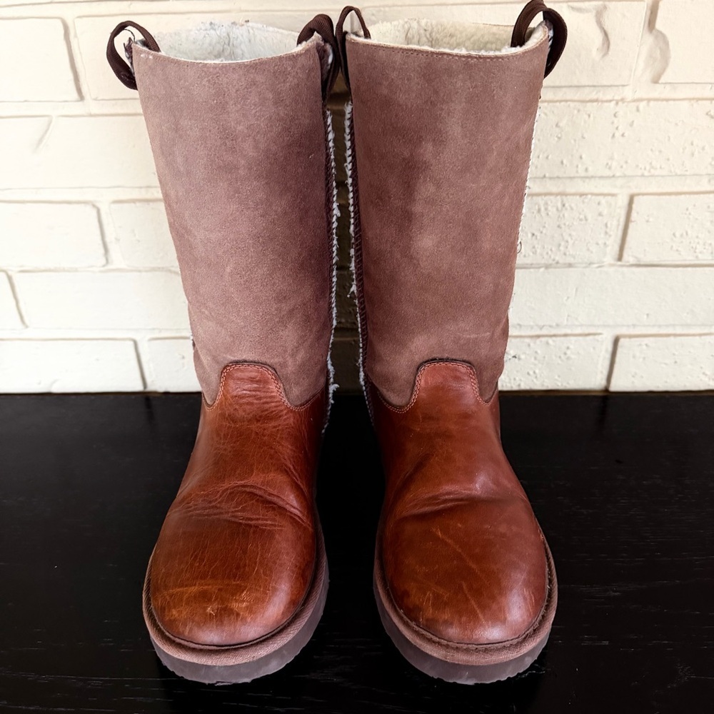Vintage 90s Y2K American Eagle AE Boots Chunky Brown Leather Sherpa Lined Sz 10 - Picture 3 of 7